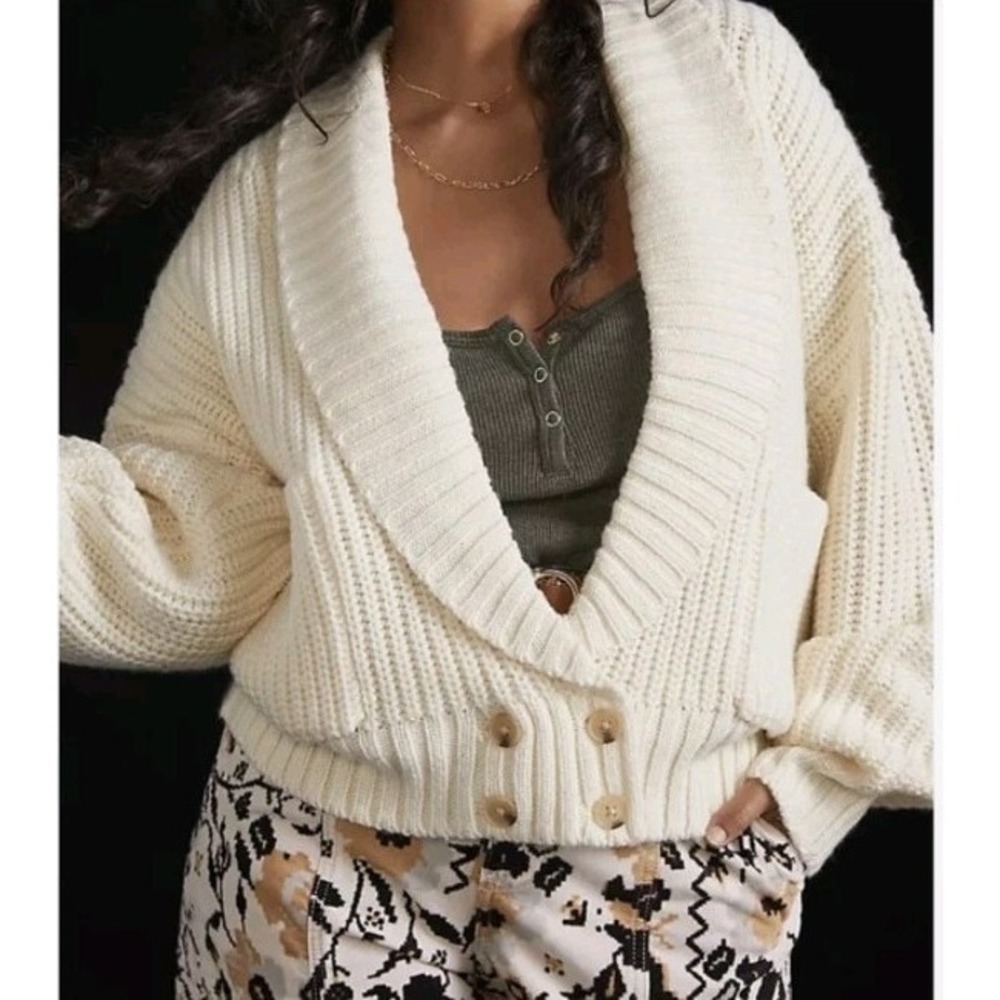 Anthropologie Women's Shawl Collar Deep V Button Front Cardigan Ivory Size S EUC